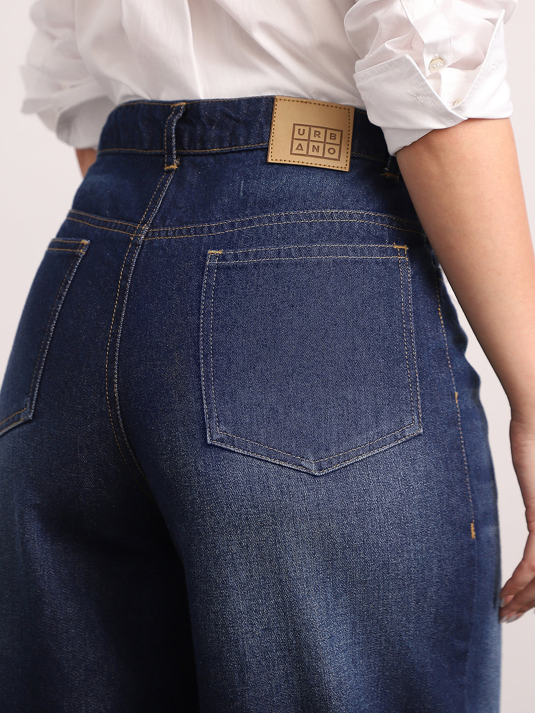 Women's Dark Blue High Rise Loose Baggy Fit Washed Jeans Non-Stretchable