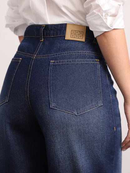 Women's Dark Blue High Rise Loose Baggy Fit Washed Jeans Non-Stretchable