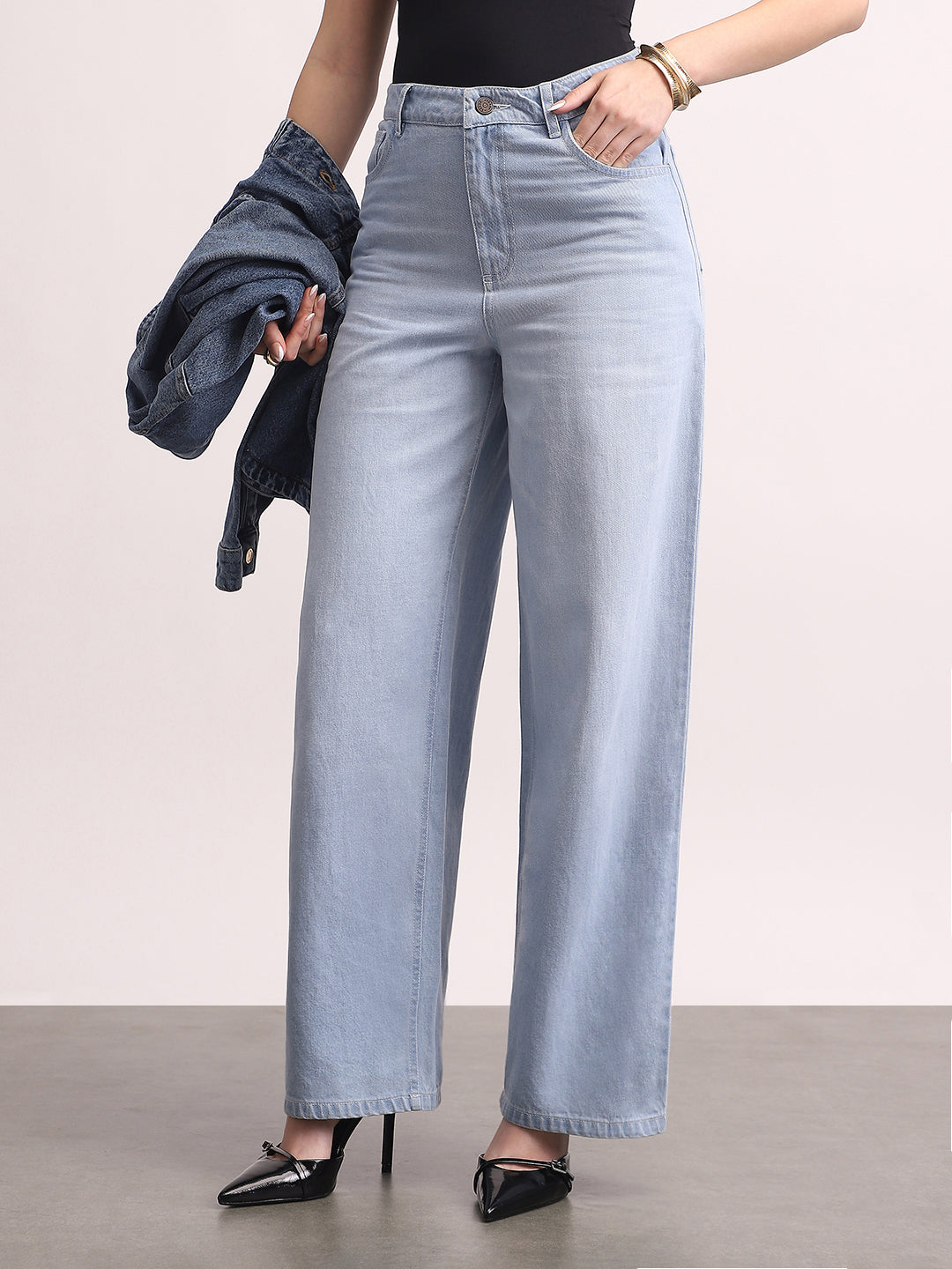 Women's Ice Blue High Rise Loose Baggy Fit Washed Jeans Non-Stretchable