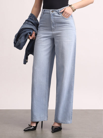 Women's Ice Blue High Rise Loose Baggy Fit Washed Jeans Non-Stretchable