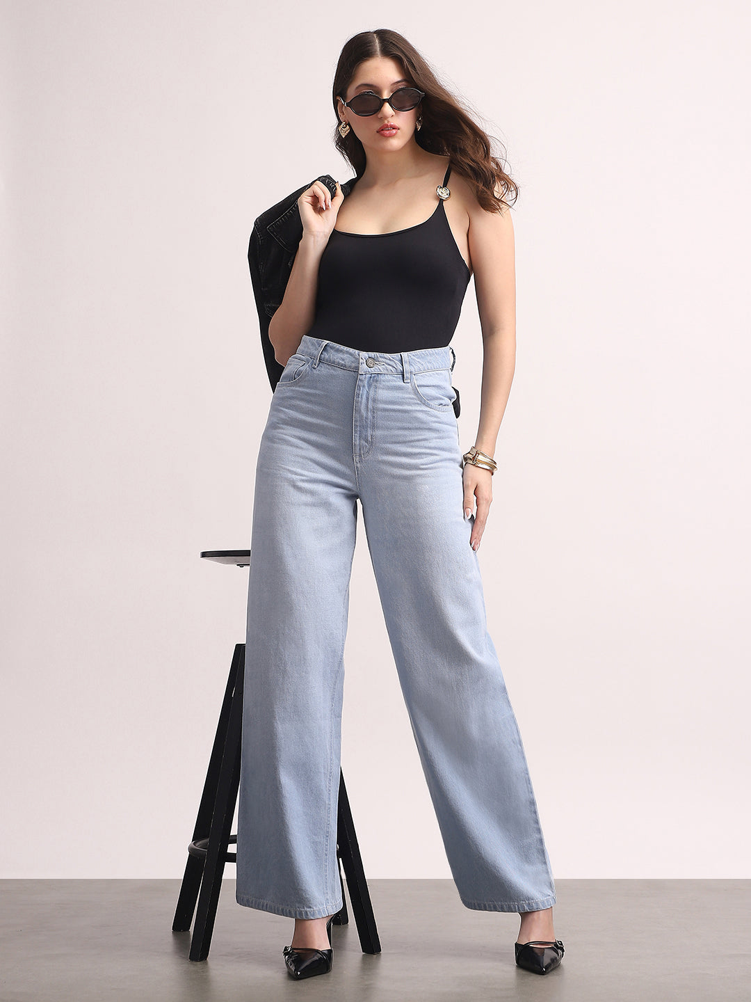 Women's Ice Blue High Rise Loose Baggy Fit Washed Jeans Non-Stretchable