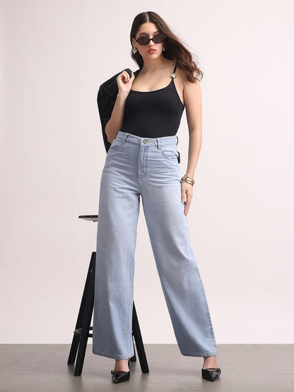 Women's Ice Blue High Rise Loose Baggy Fit Washed Jeans Non-Stretchable