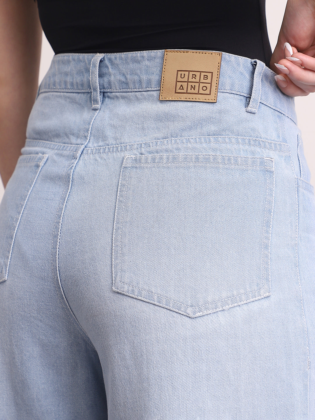 Women's Ice Blue High Rise Loose Baggy Fit Washed Jeans Non-Stretchable