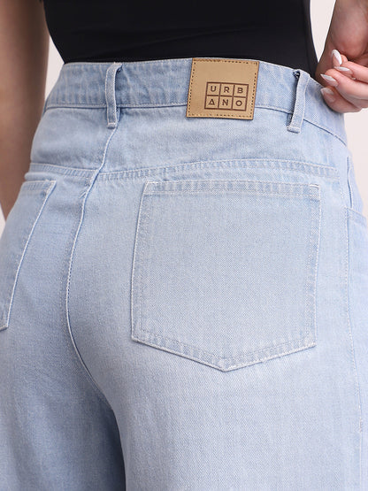 Women's Ice Blue High Rise Loose Baggy Fit Washed Jeans Non-Stretchable