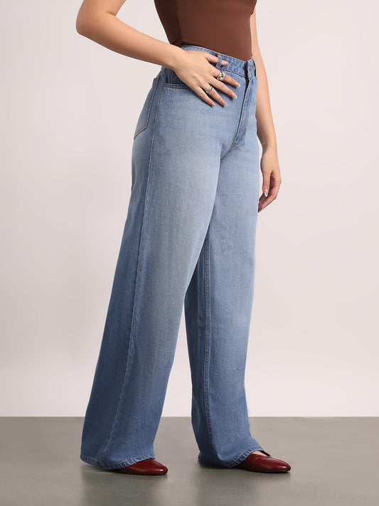 Women's Light Blue High Rise Loose Baggy Fit Washed Jeans Non-Stretchable