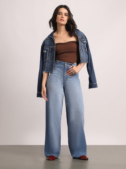 Women's Light Blue High Rise Loose Baggy Fit Washed Jeans Non-Stretchable