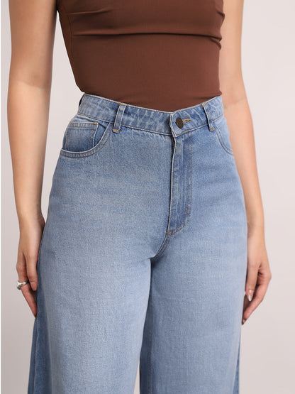 Women's Light Blue High Rise Loose Baggy Fit Washed Jeans Non-Stretchable