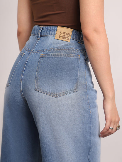 Women's Light Blue High Rise Loose Baggy Fit Washed Jeans Non-Stretchable