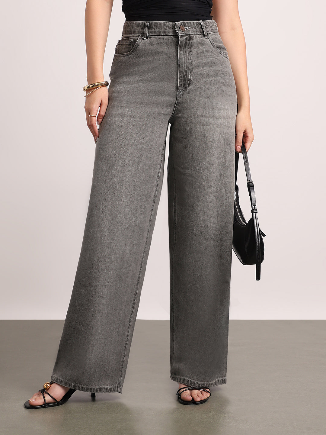 Women's Light Grey High Rise Loose Baggy Fit Washed Jeans Non-Stretchable