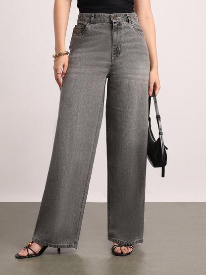 Women's Light Grey High Rise Loose Baggy Fit Washed Jeans Non-Stretchable