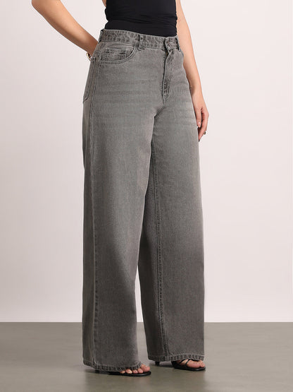 Women's Light Grey High Rise Loose Baggy Fit Washed Jeans Non-Stretchable