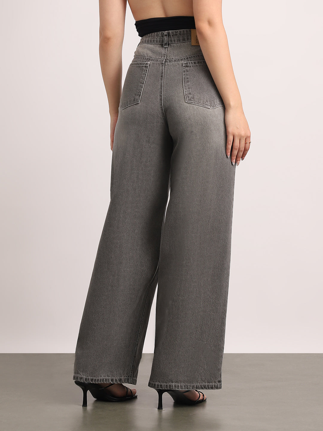 Women's Light Grey High Rise Loose Baggy Fit Washed Jeans Non-Stretchable