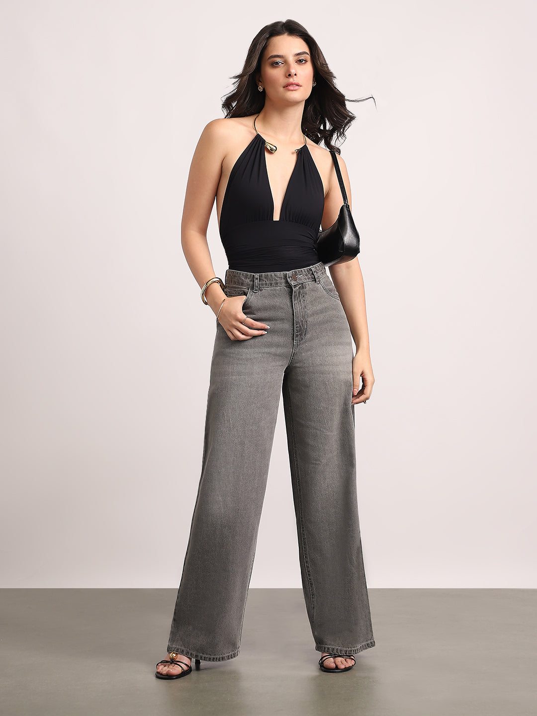 Women's Light Grey High Rise Loose Baggy Fit Washed Jeans Non-Stretchable