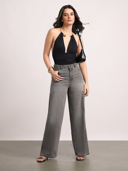 Women's Light Grey High Rise Loose Baggy Fit Washed Jeans Non-Stretchable