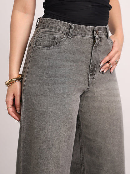 Women's Light Grey High Rise Loose Baggy Fit Washed Jeans Non-Stretchable