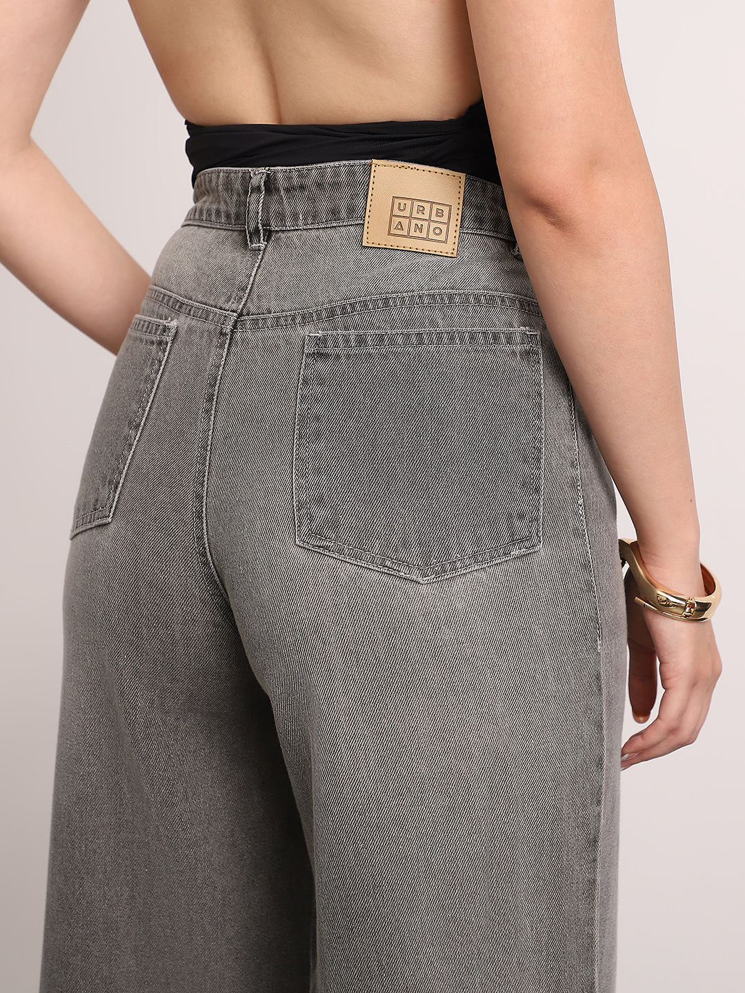 Women's Light Grey High Rise Loose Baggy Fit Washed Jeans Non-Stretchable