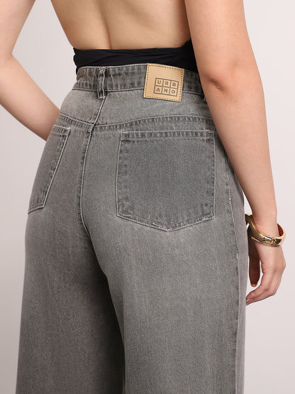 Women's Light Grey High Rise Loose Baggy Fit Washed Jeans Non-Stretchable
