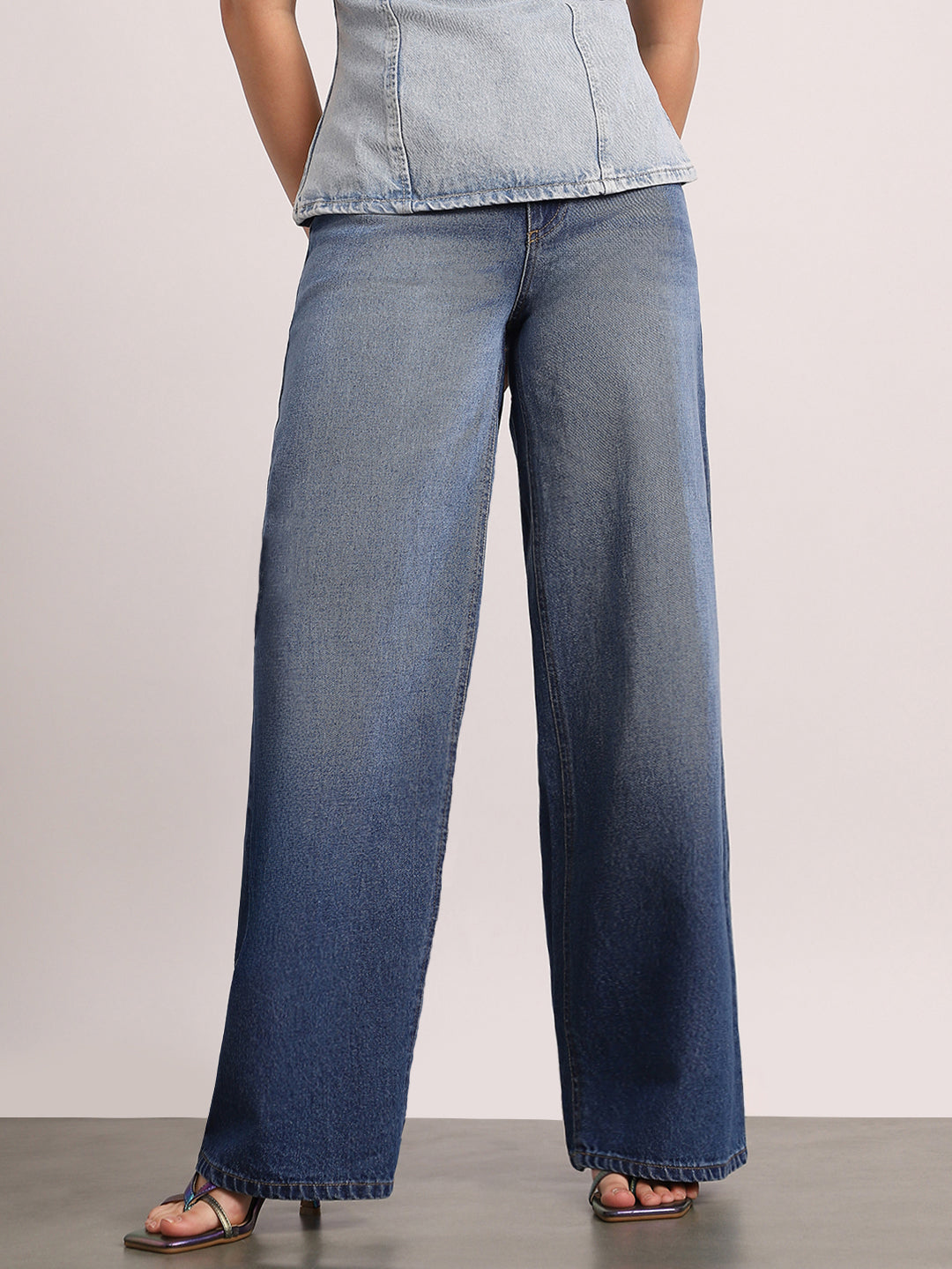 Women's Blue High Rise Loose Baggy Fit Washed Jeans Non-Stretchable