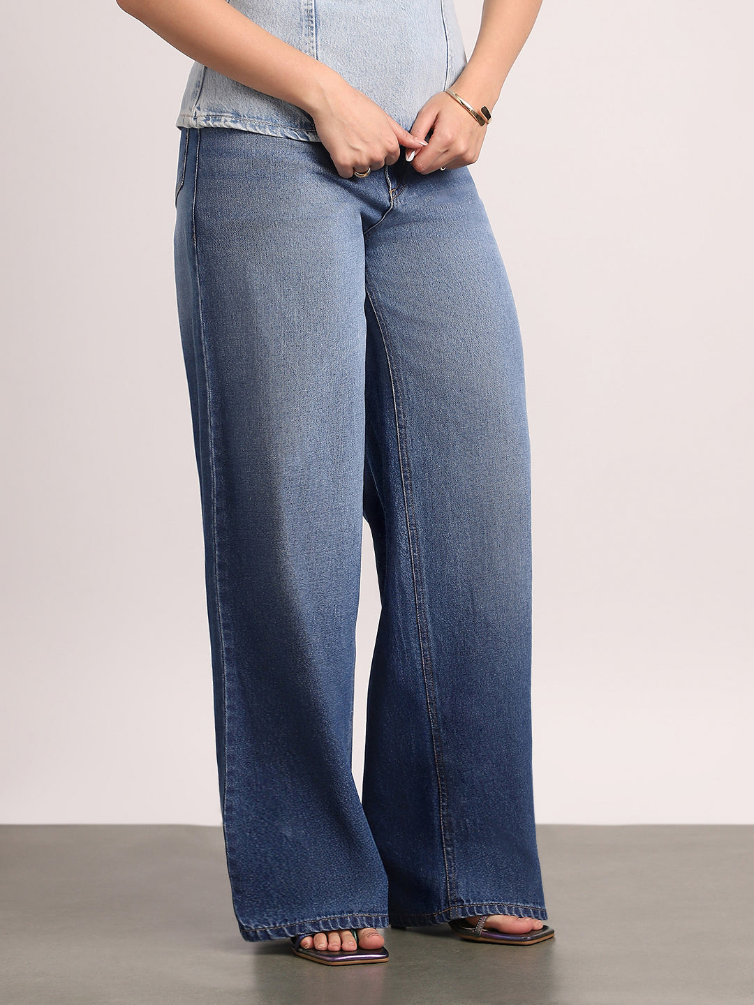 Women's Blue High Rise Loose Baggy Fit Washed Jeans Non-Stretchable