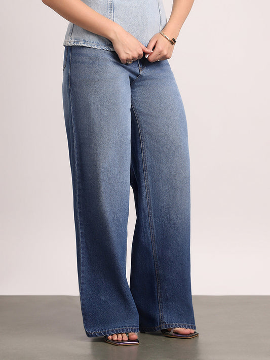 Women's Blue High Rise Loose Baggy Fit Washed Jeans Non-Stretchable