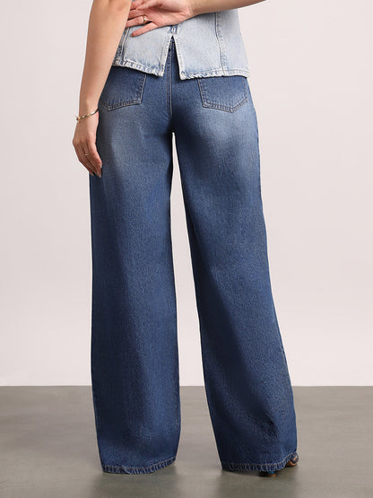 Women's Blue High Rise Loose Baggy Fit Washed Jeans Non-Stretchable