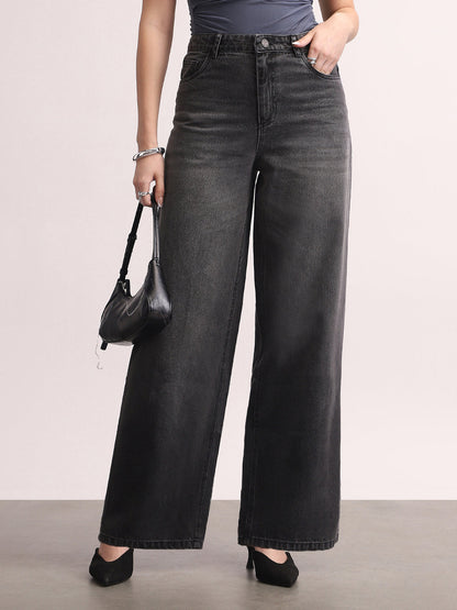Women's Grey High Rise Loose Baggy Fit Washed Jeans Non-Stretchable