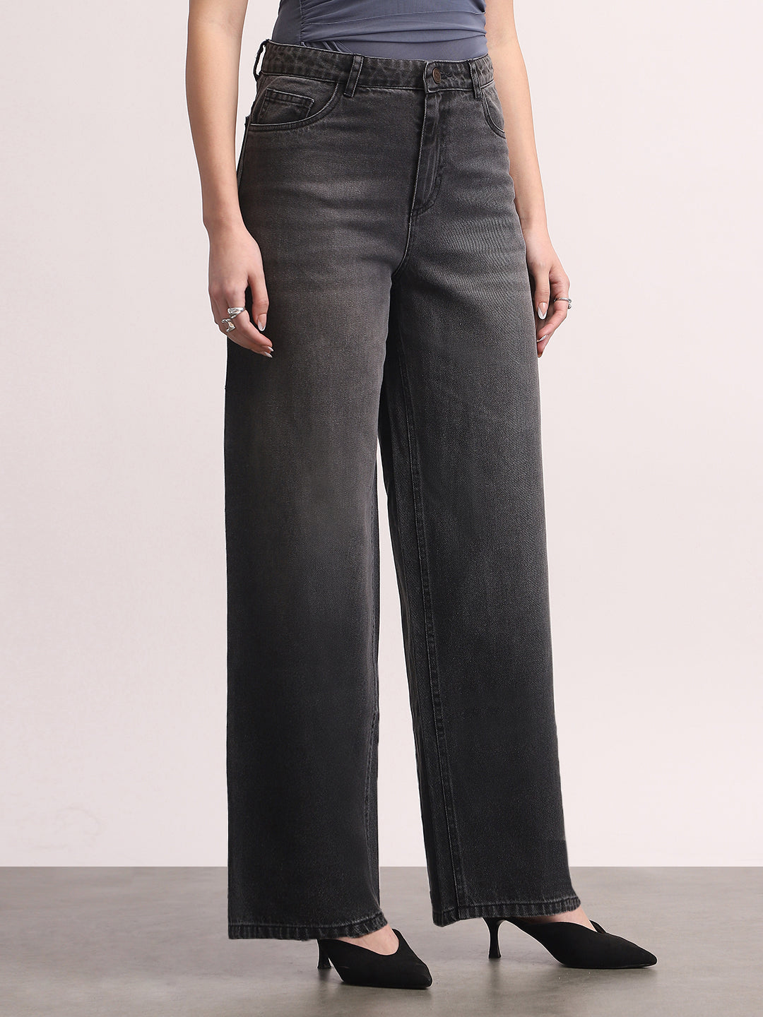 Women's Grey High Rise Loose Baggy Fit Washed Jeans Non-Stretchable