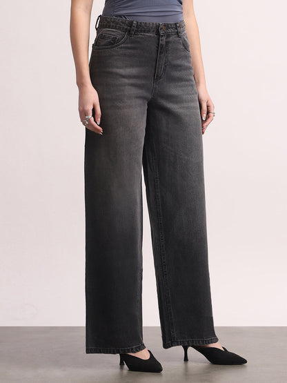 Women's Grey High Rise Loose Baggy Fit Washed Jeans Non-Stretchable