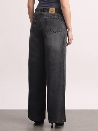 Women's Grey High Rise Loose Baggy Fit Washed Jeans Non-Stretchable